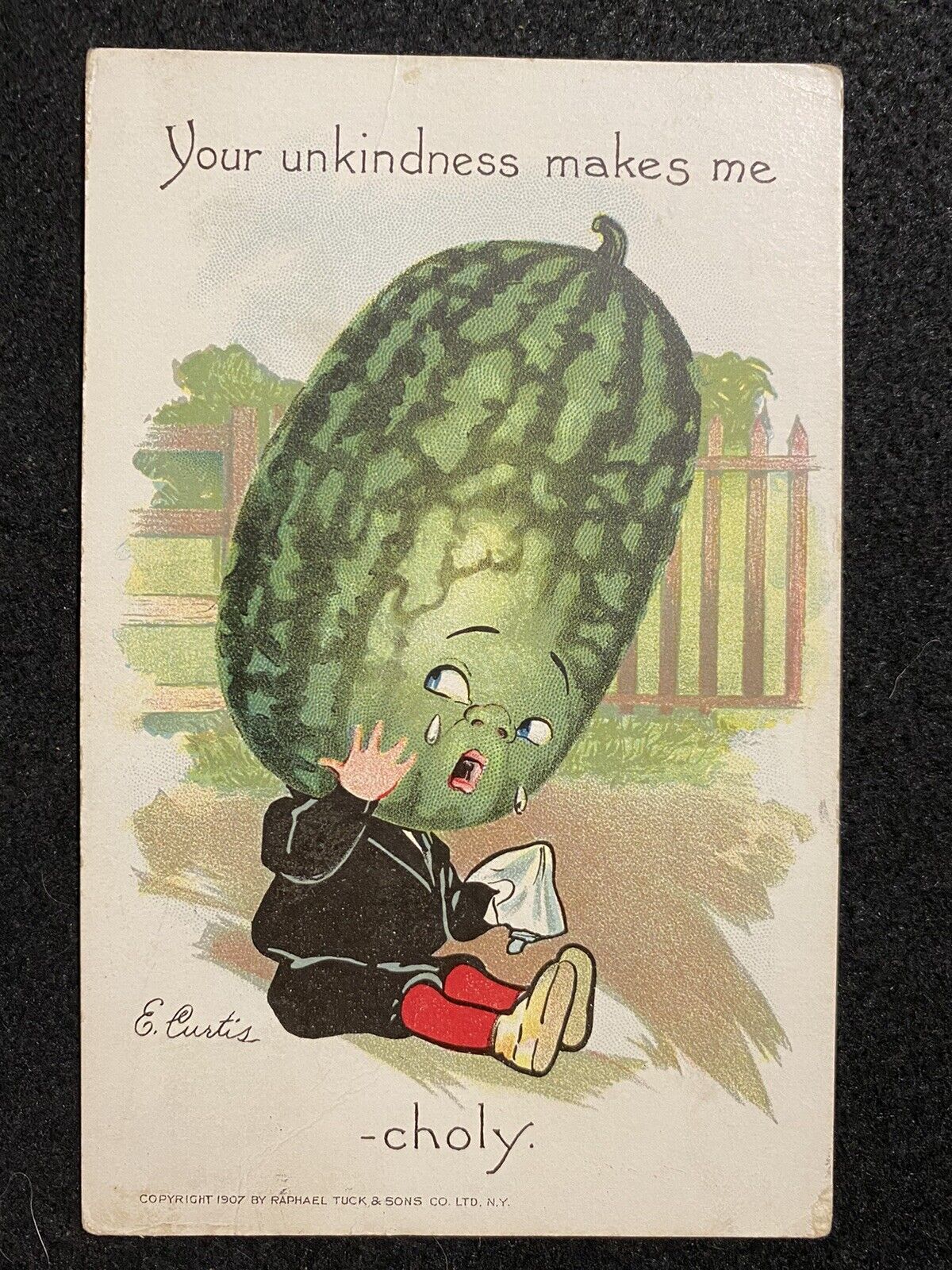 Crying Watermelon Cartoon 1908 Antique Photo Postcard