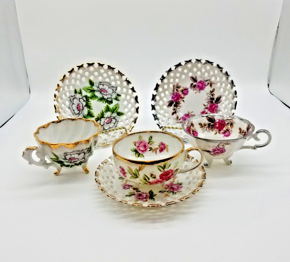 VINTAGE FRED ROBERTS 3 TEA CUPS AND SAUCERS SETS FLORAL & FOOTED