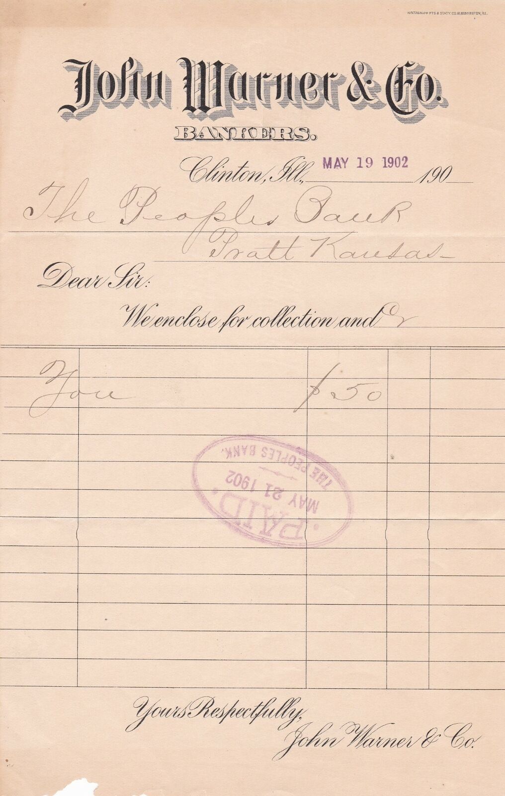 U.S. John Warner & Co. BANKERS Clinton, Ill. 1902 Paid Cancel Invoice Ref 43331