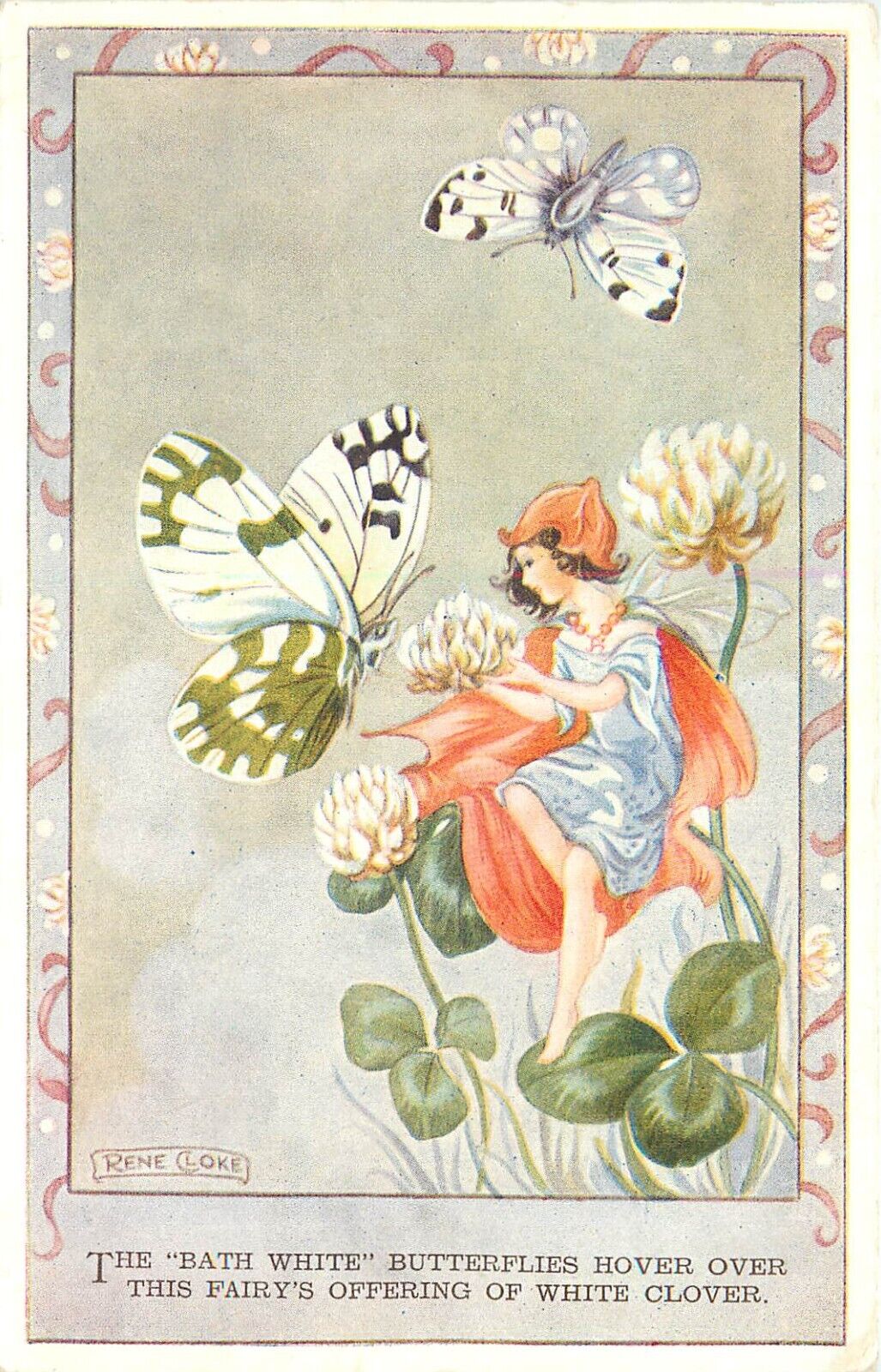 Rene Cloke Fantasy Art Postcard 4386. Fairy, Bath White Butterfly, White Clover
