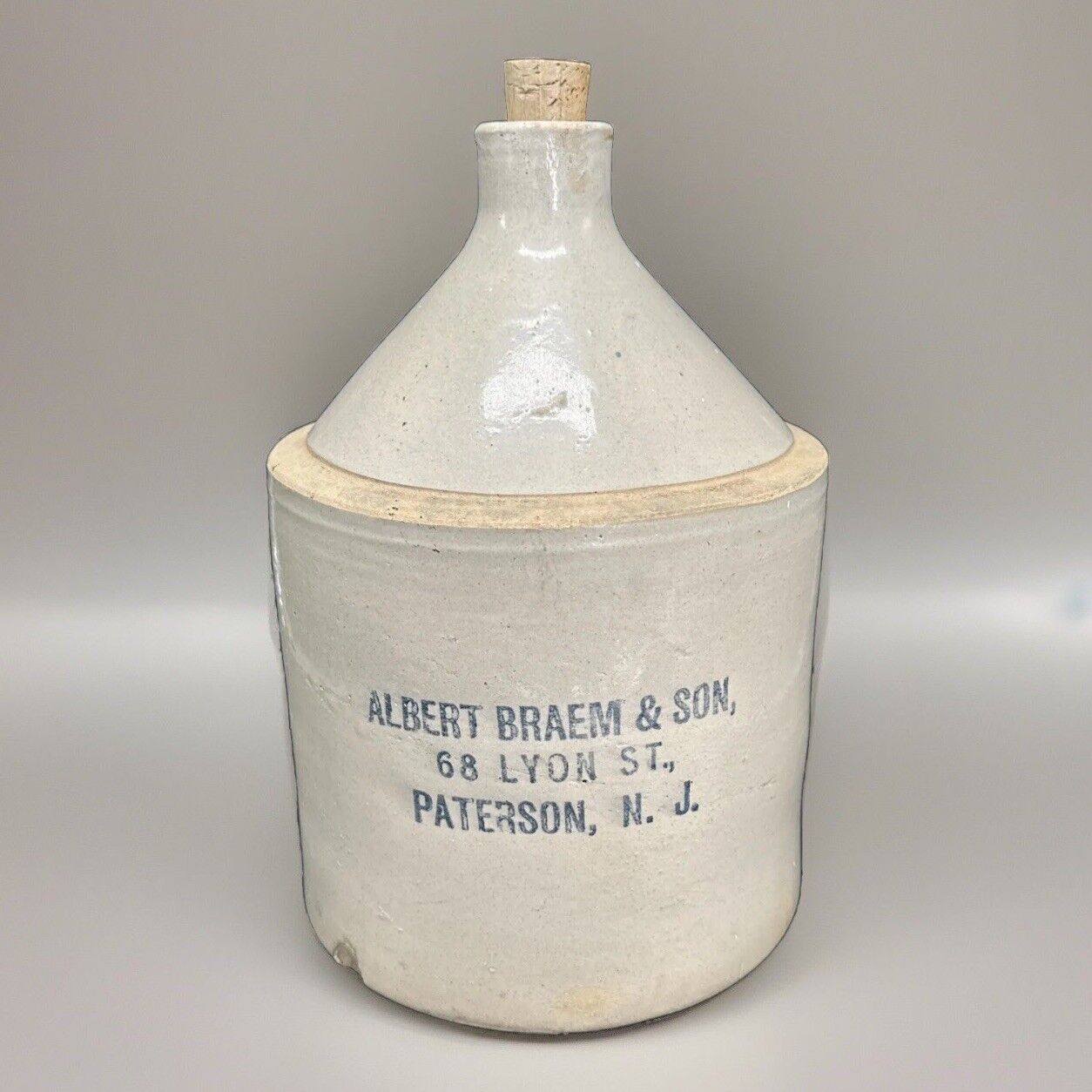 Antique ALBERT BRAEM & SON, Stoneware Pottery Whisky JUG - Patterson, NJ - 2 Gal