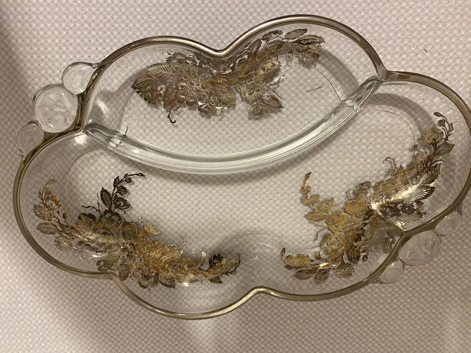 2-Section Divided Glass Dish Gold  Leaf Vintage 1950s MCM Trinket Relish   Tray