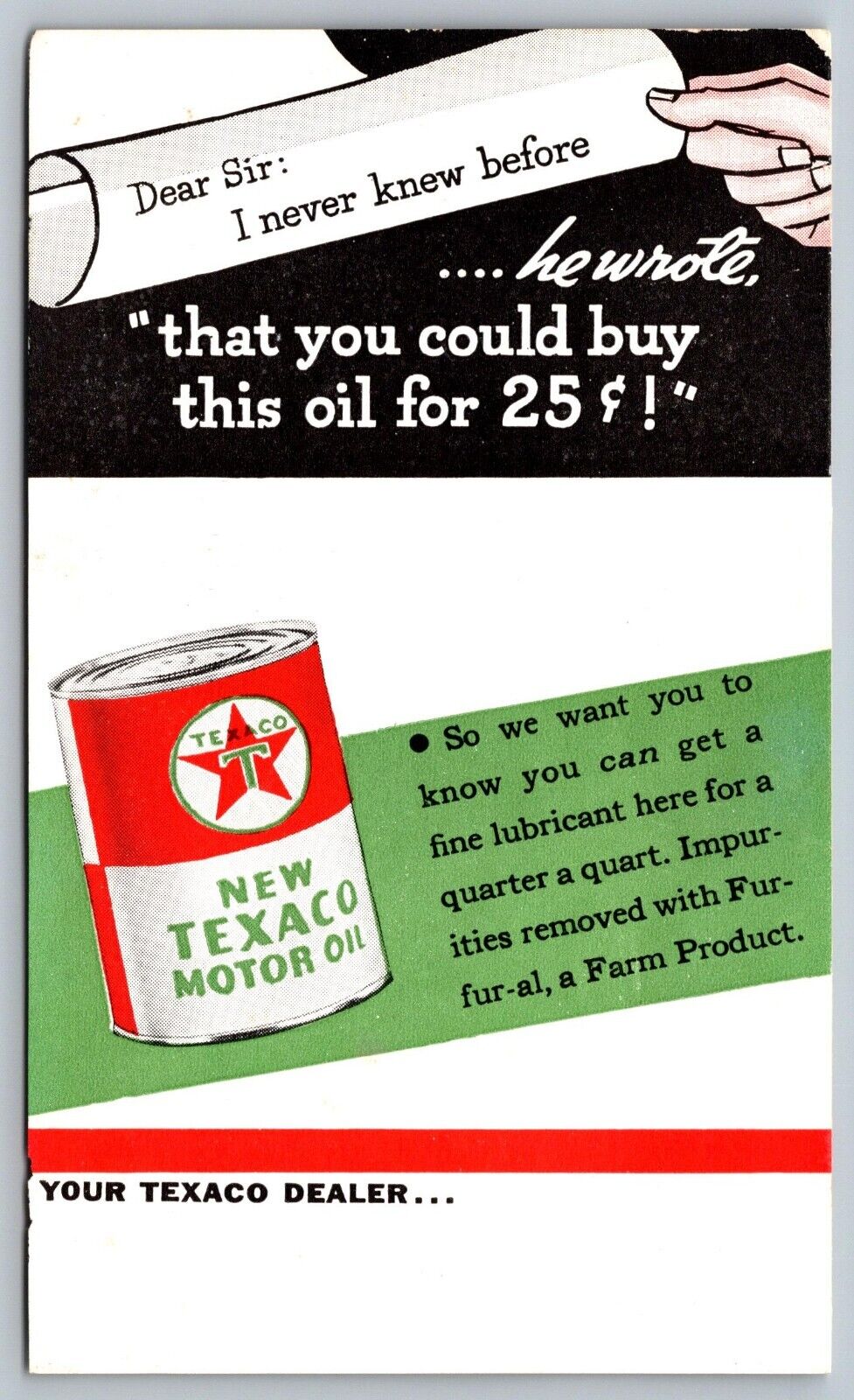 Vintage Advertising Postcard New Texaco Motor Oil A Quarter A Quart 25 Cents J7