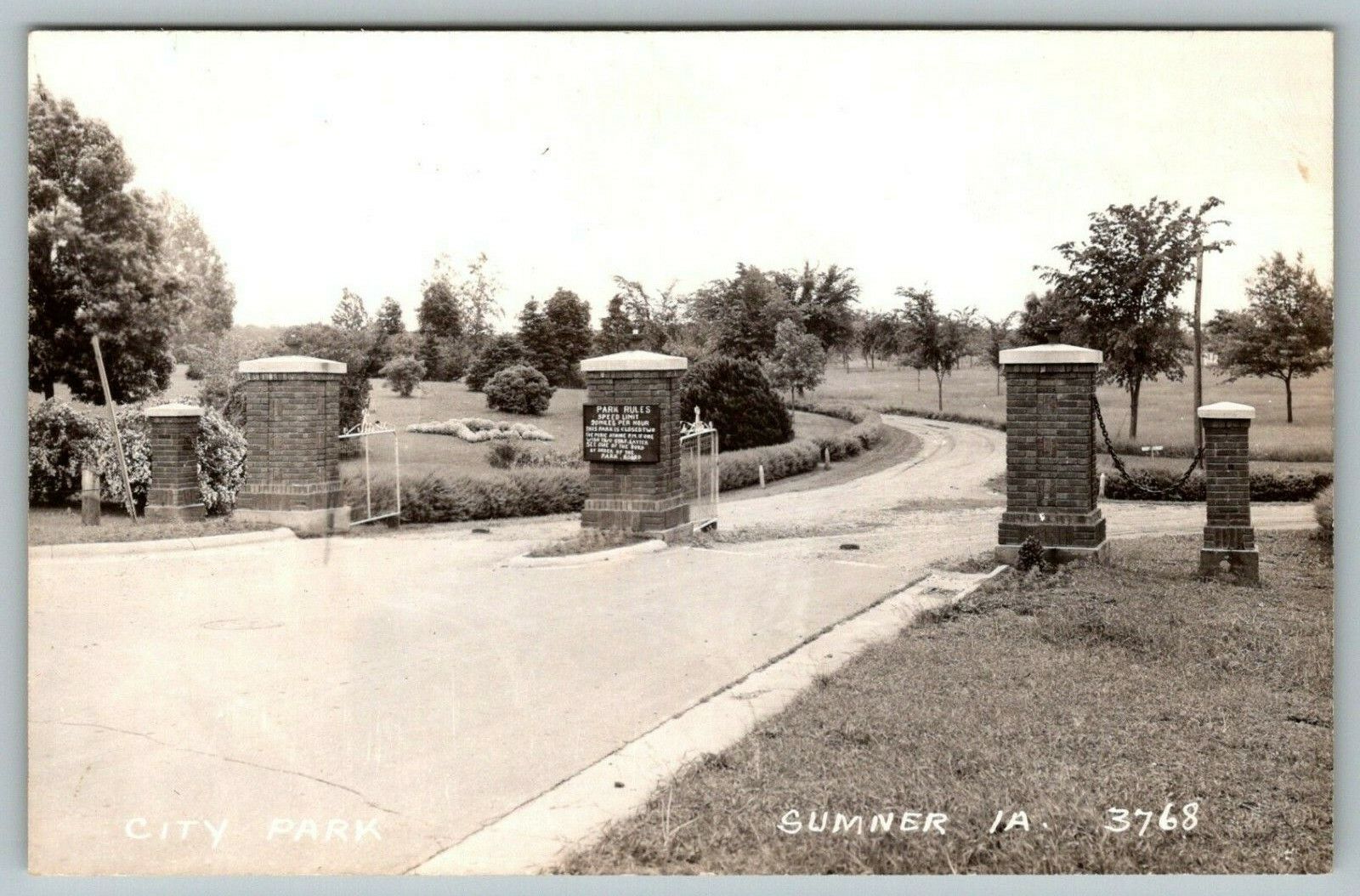 Sumner Iowa~City Park Entrance Gate~Rules on Pillars~1940s Real Photo~RPPC
