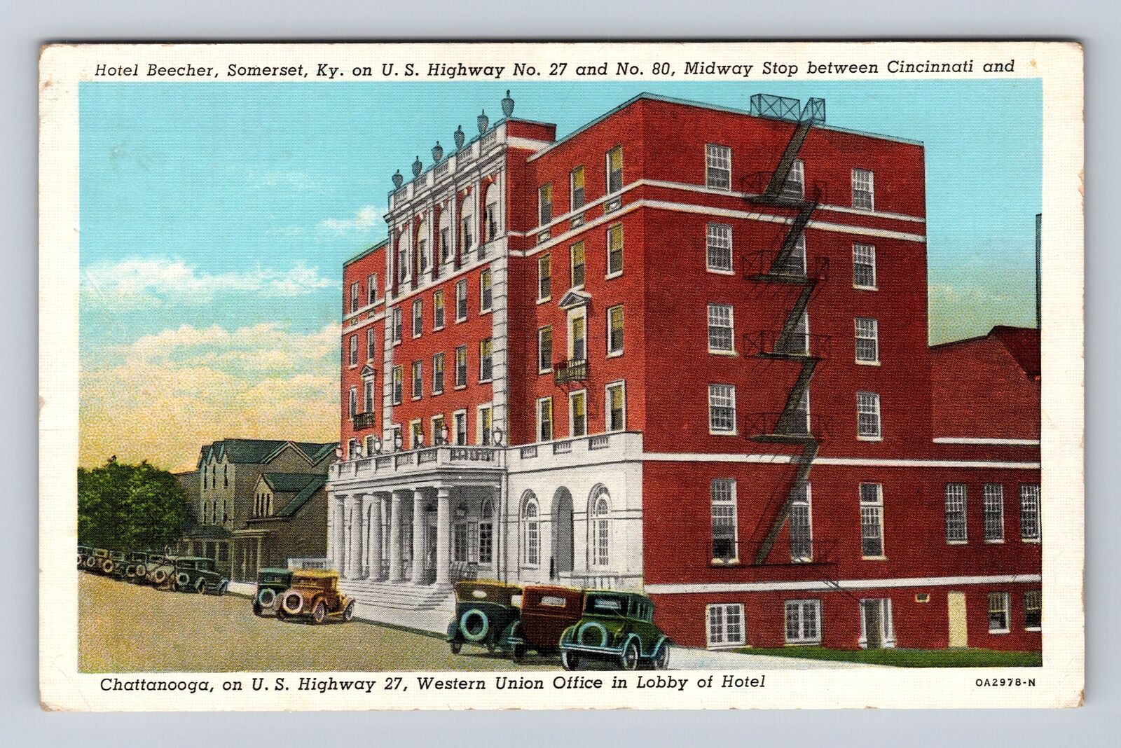 Somerset KY-Kentucky, Hotel Beecher, Highway 27, Advertising, Vintage Postcard