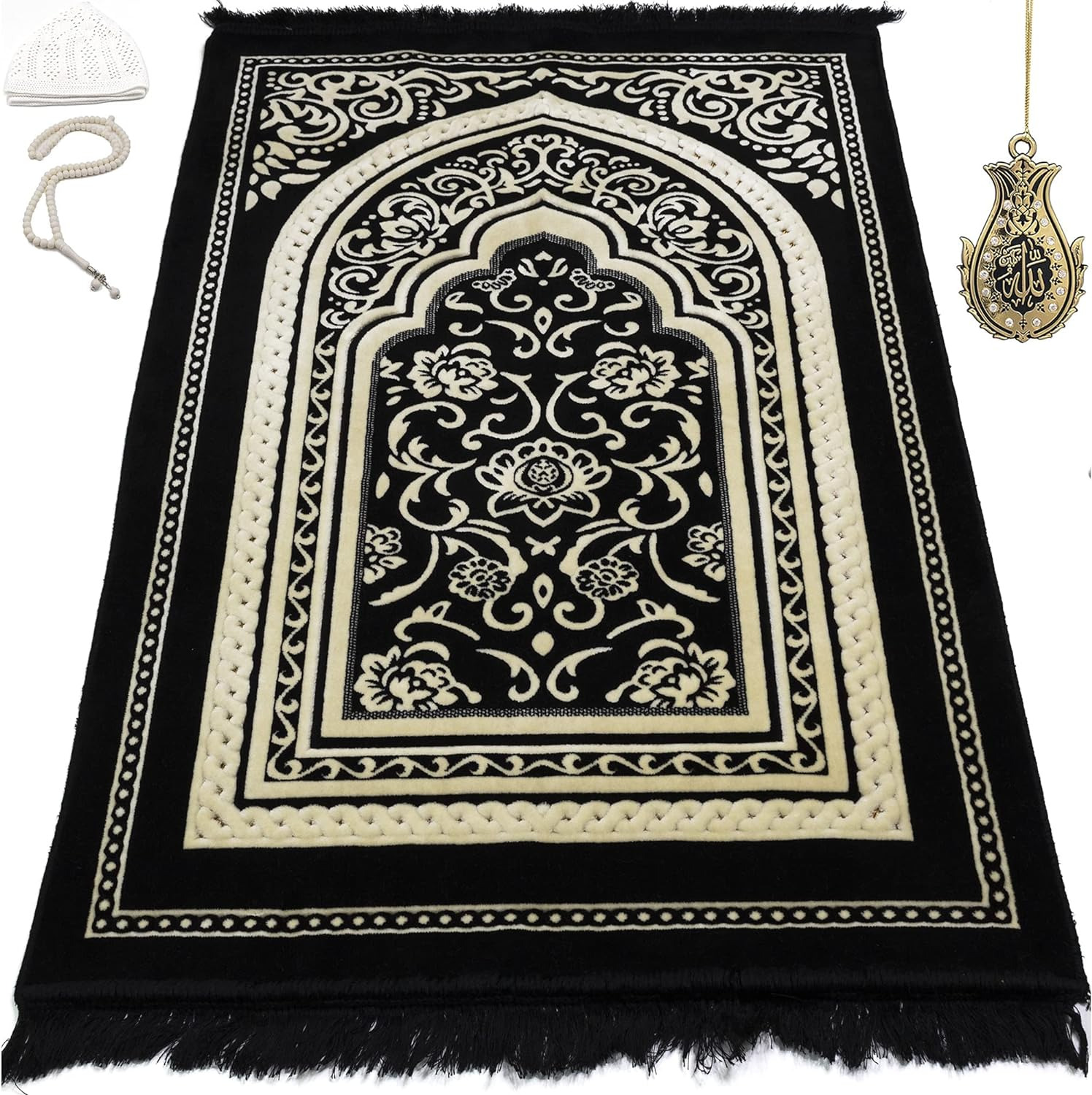 Turkish Islamic Velvet Prayer Rug - Thick & Wide Soft Praying Carpet for Men & W