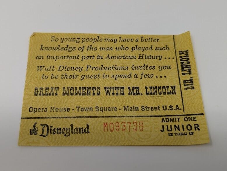 Disneyland Great Moments With Mr. Lincoln Junior Ticket (Vintage 1960\'s)
