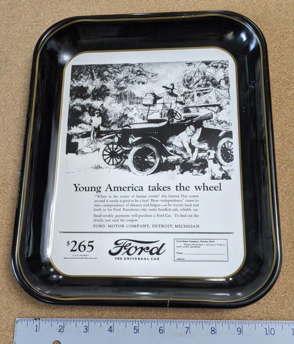 Ford Metal Serving Tray “Young America Takes The Wheel”  Vintage 1976 Black