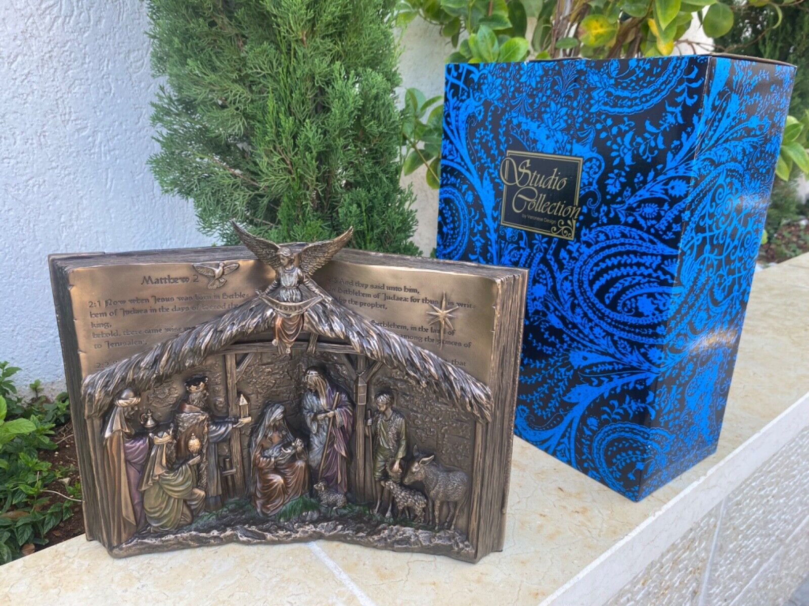 11.63” Holy Bible Nativity Stand Cold Cast Bronze & Resin Statue Sculpture