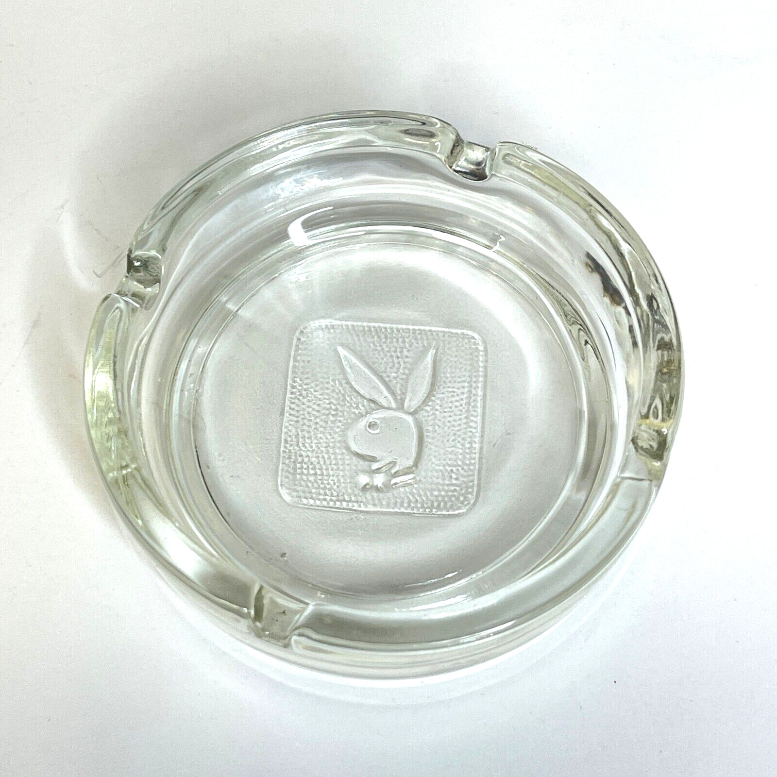 Vintage Playboy Club Clear Glass Cigarette Ashtray w/ Embossed Bunny Logo 4x1\