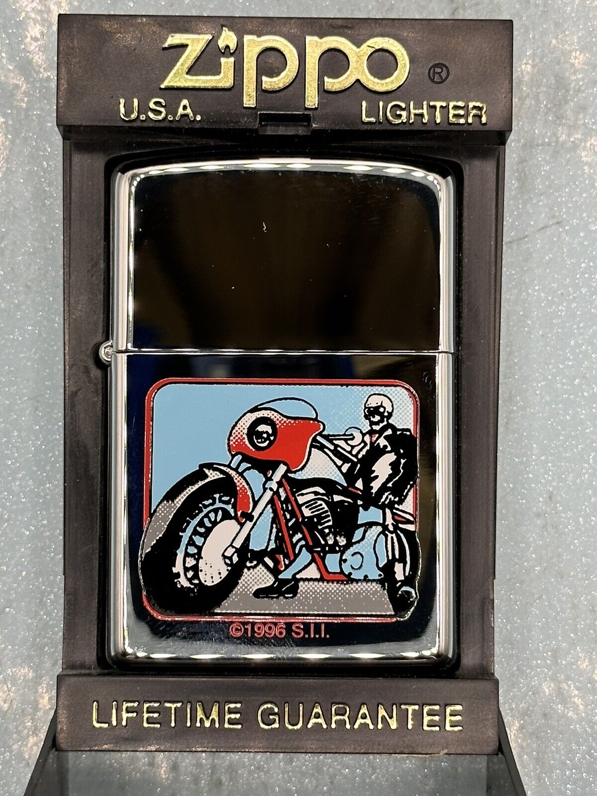 Vintage 1996 Skeleton Motorcycle Rider High Polish Chrome Zippo Lighter NEW