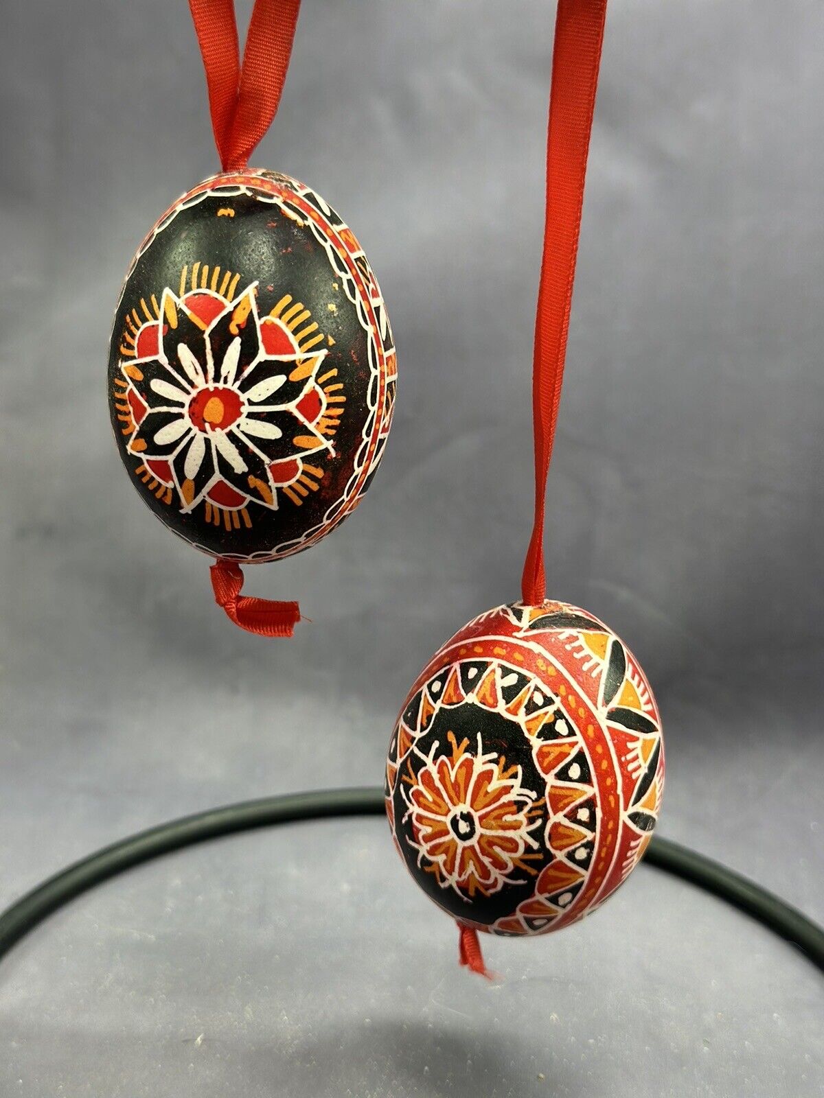 Vintage Russian Hand Painted 2 Real Egg Ornaments on Red Ribbon Easter Christmas