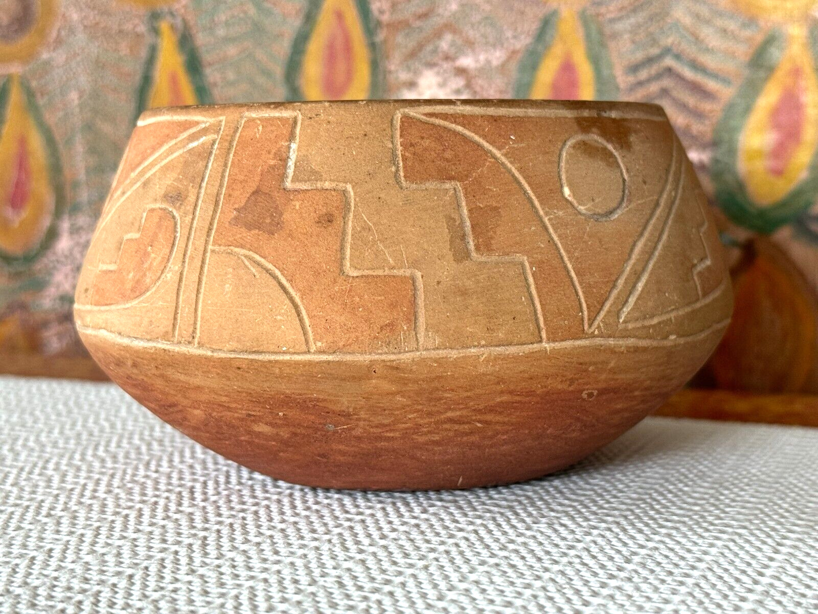 Antique Native American Pueblo Handmade Hand Painted Geometric Pottery Bowl