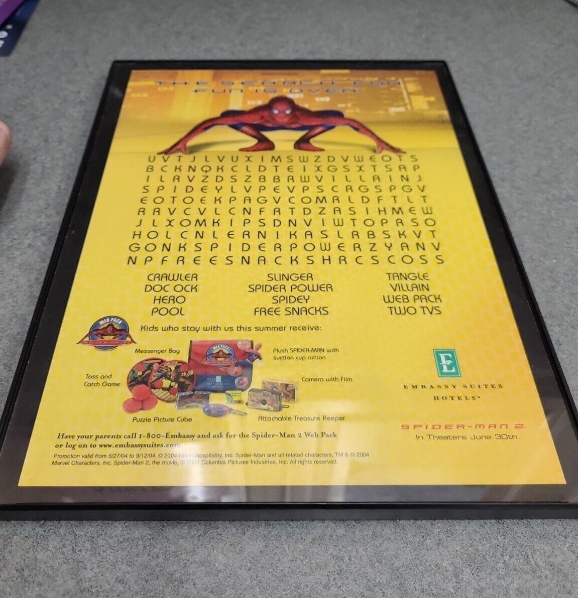 2004 Embassy Suites Hotel Spider-Man 2 Word Search Print Ad/Poster Framed 8.5x11