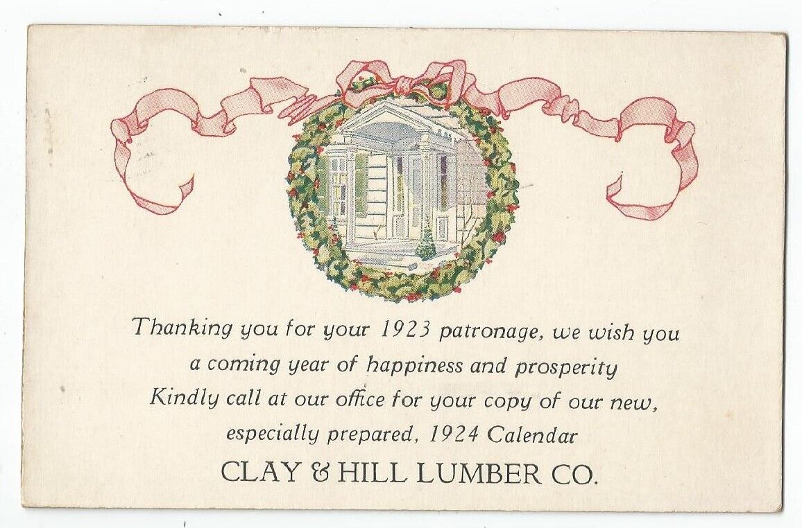 Brookfield, MO Missouri 1923 Postcard, Clay & Hill Lumber Co., Free Calendar