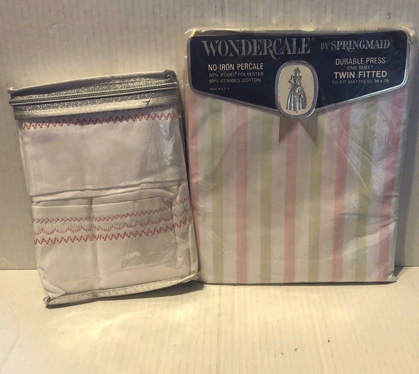 Wondercale Springmaid Twin Fitted Sheet NEW Pink Green Stripe & Pillowcase