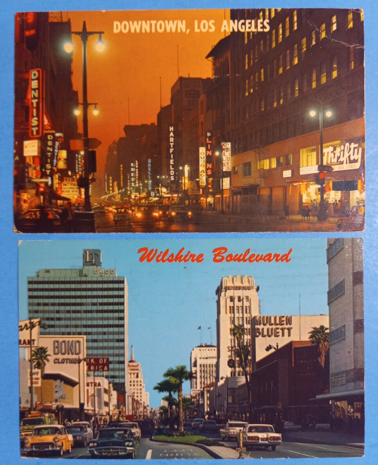 1960s LOS ANGELES CA MIRACLE MILE WILSHIRE BLVD & BROADWAY Postcard Lot of 2