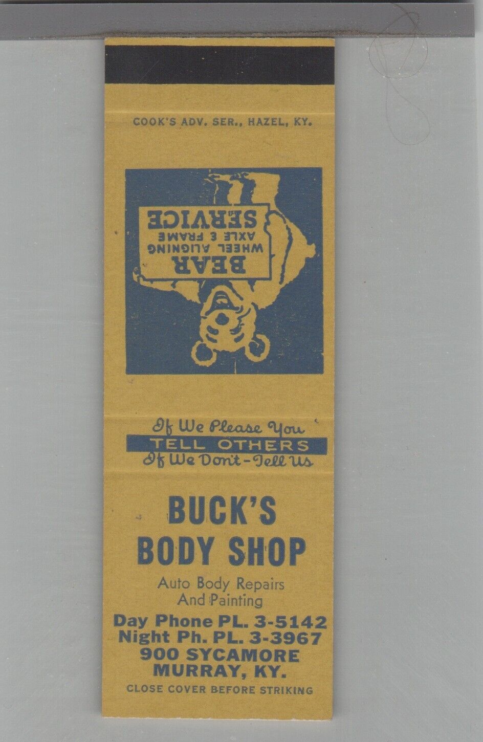 Matchbook Cover Buck\'s Body Shop Murray, KY