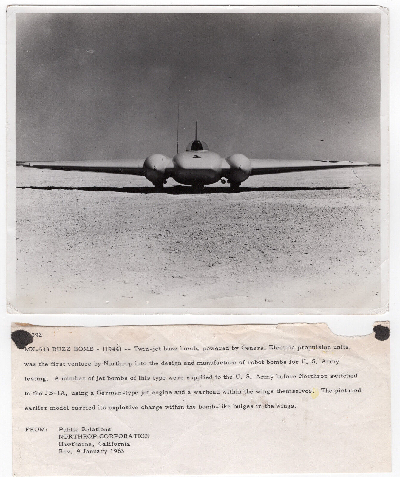Northrop 8x10 Official Photo WW2 1944 JB-1 MX-543 BAT Twin Jet Buzz Bomb
