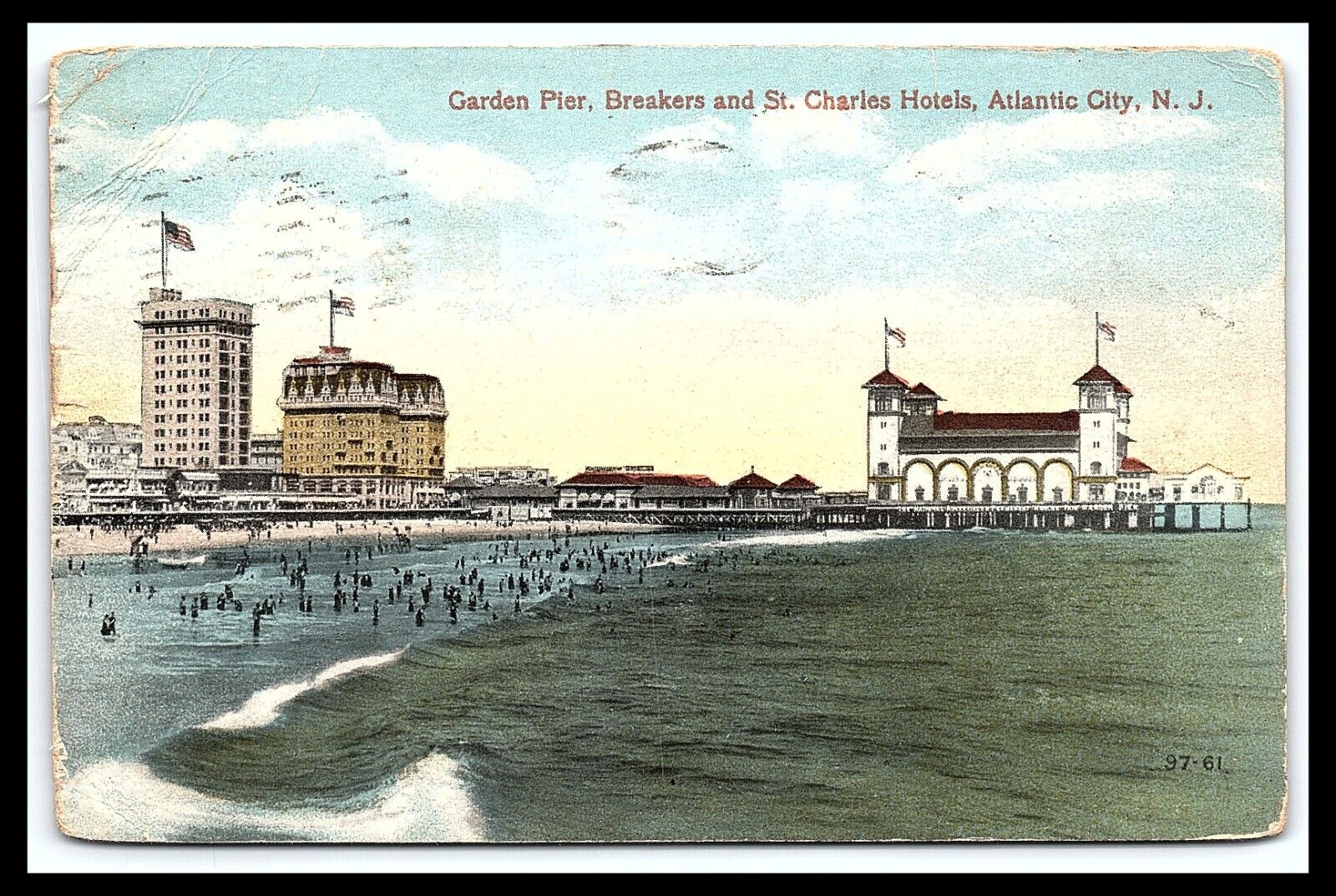 Atlantic City NJ Postcard Garden Pier Breakers St. Charles Hotel Posted pc259