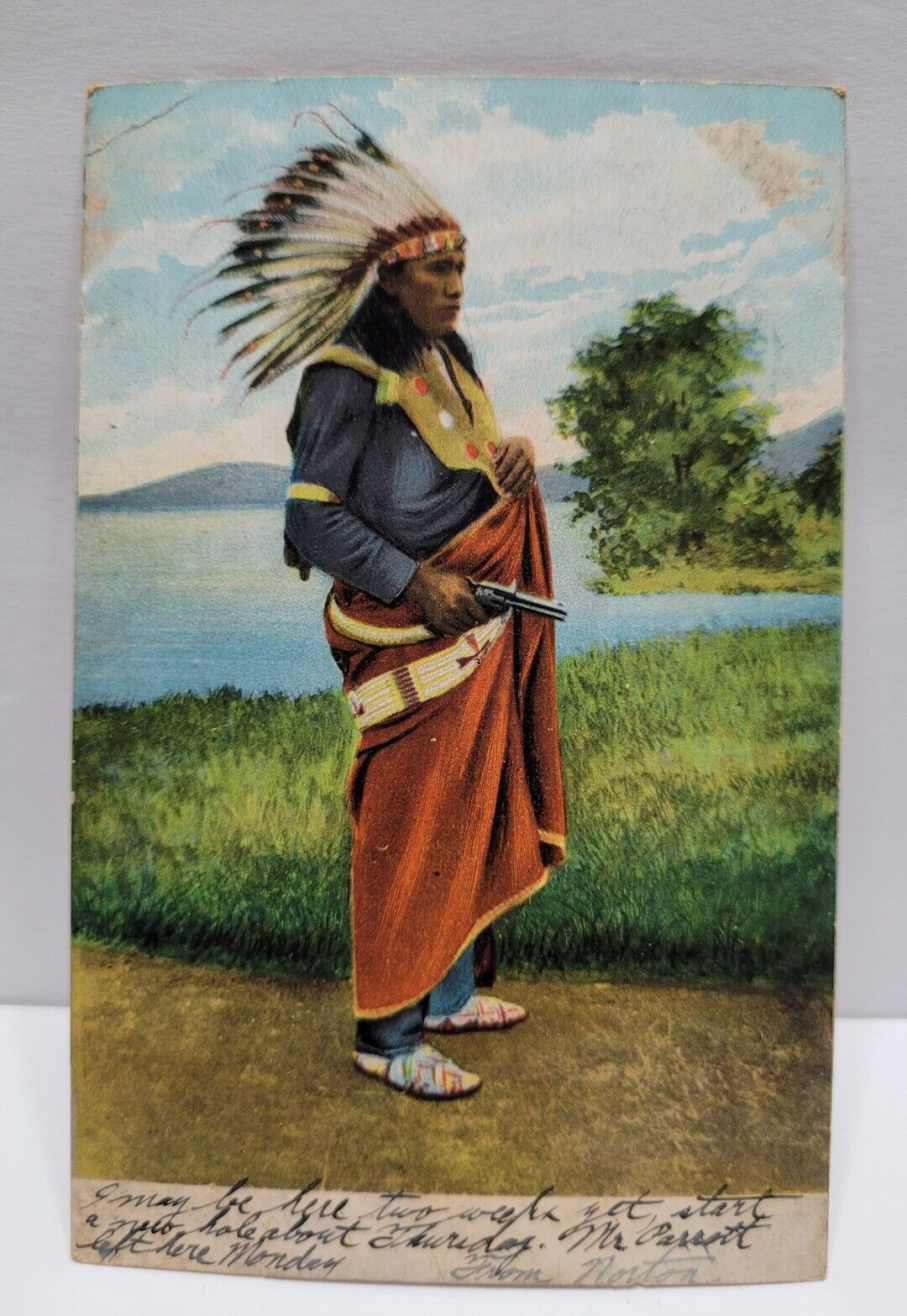 Vintage 1906 Postcard Indian Warrior or Chief w Pistol in Feather Headdress 