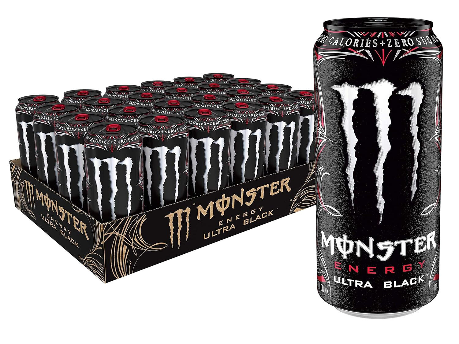 Monster Energy Ultra Black, Sugar Free Energy Drink, 16 Ounce (Pack of 24)