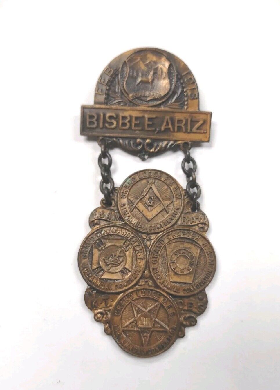 Mason 31st Annual Convention Grand Lodge Bisbee Arizona 1913 Medal Pin, H12