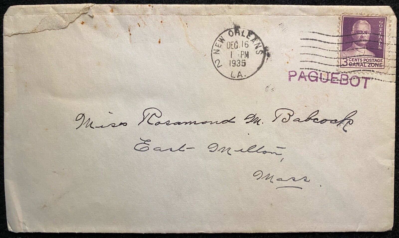 1935 **S.S. AMAPALA** NEW ORLEANS, LA. COVER+SCOTT 117 (CANAL ZONE) STAMP SANK