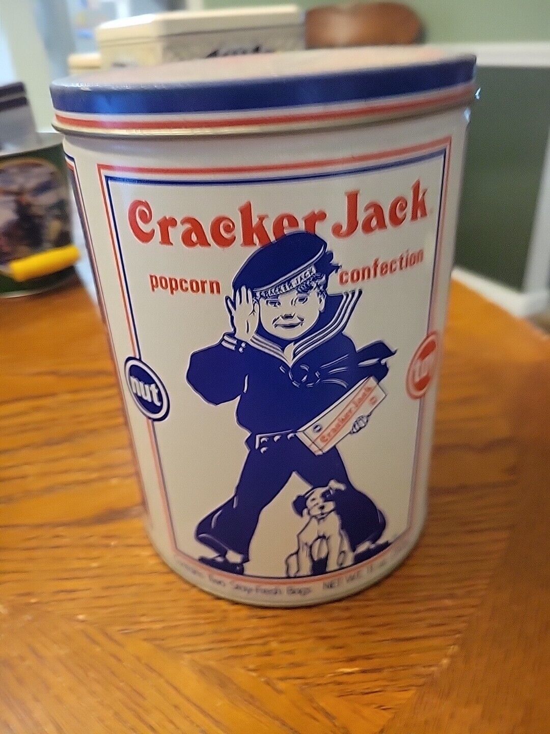 Vintage 1990 Cracker Jack Advertising Tin Container with Lid 8” x 6” 