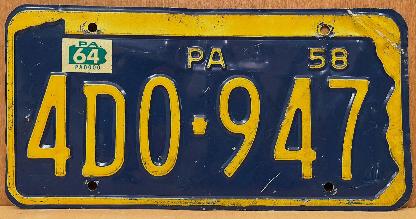 1958 Pennsylvania License Plate #4D0947 1964 Registration Sticker, PA, Tag