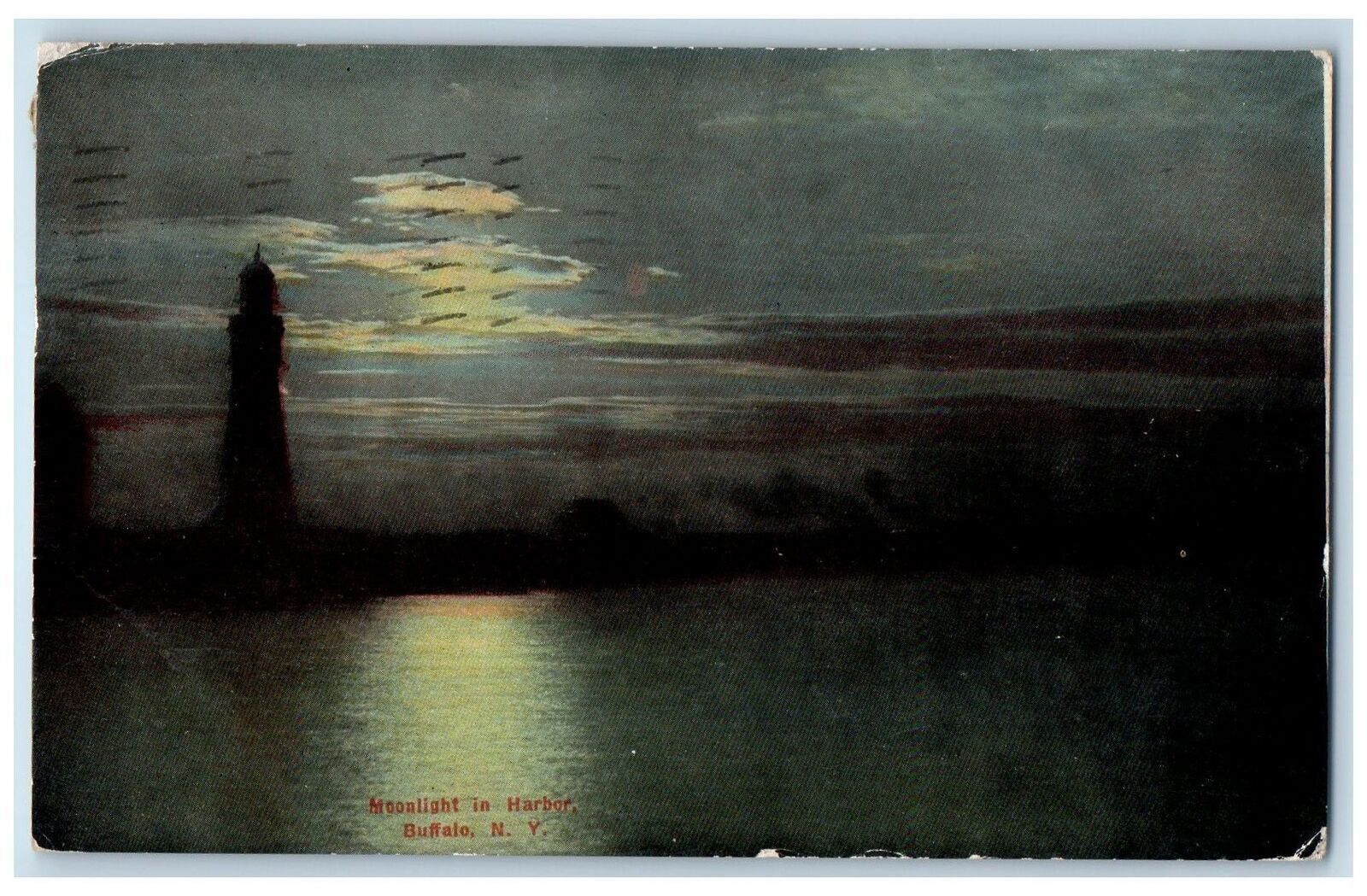 1911 Moonlight On Harbor Lighthouse Reflection View Buffalo New York NY Postcard