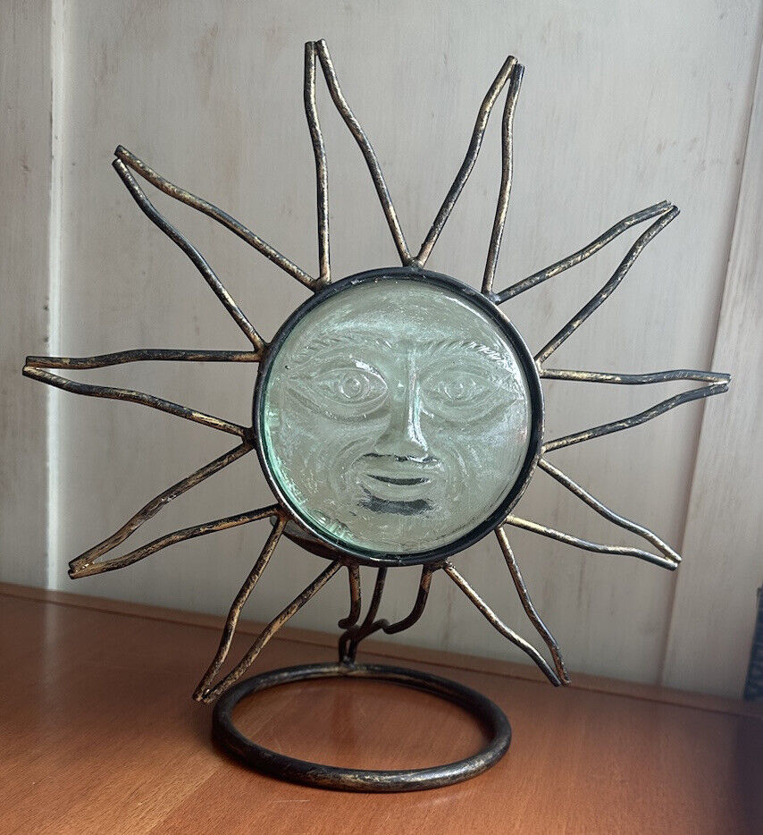 Vintage 1990s Y2K Glass Celestial Sun Face Wrought Iron Candle Holder Boho Decor
