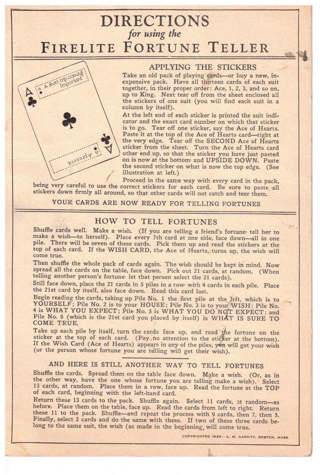 Vintage  1928 Firelite Fortune Teller  Instructions Sheet Only