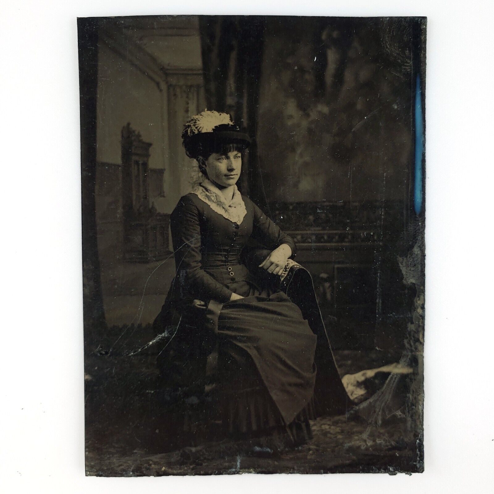 Sitting Young Pleasant Woman Tintype c1870 Antique 1/6 Plate Lady Photo D1409