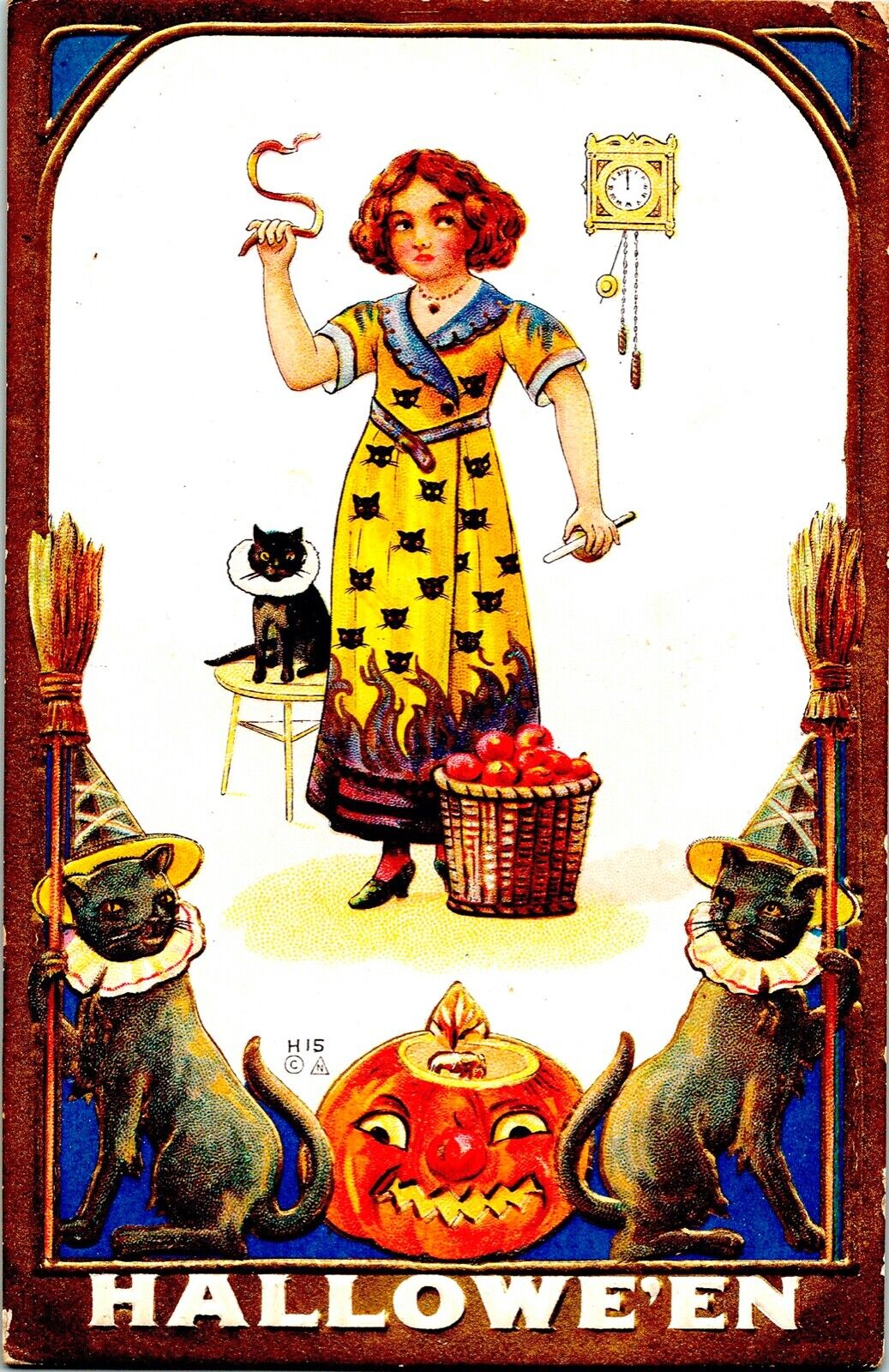 Vintage Nash Girl Peeling Apple with Black Cats & JOL Antique Halloween Postcard