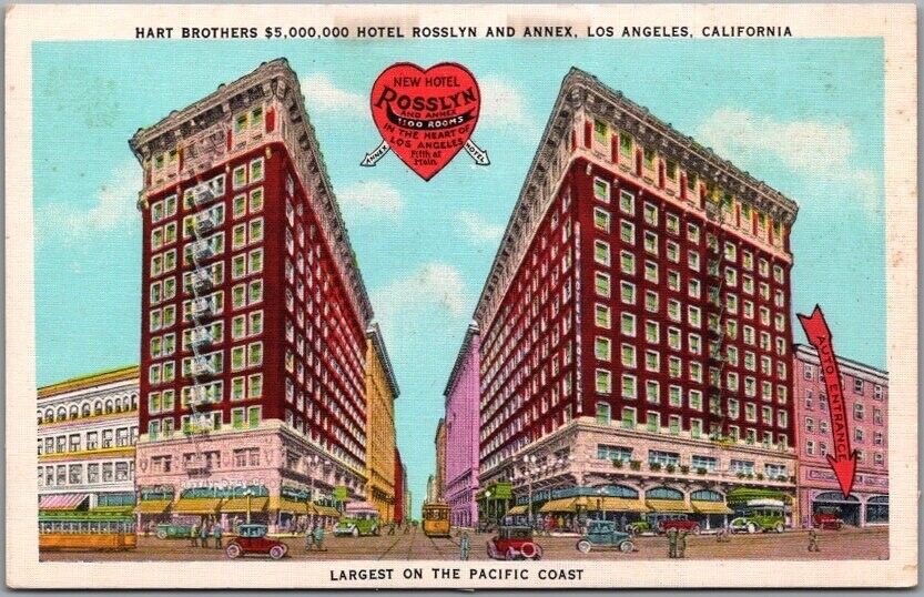 Vintage HART BROTHERS Hotel LOS ANGELES California LINEN Postcard STREET VIEW