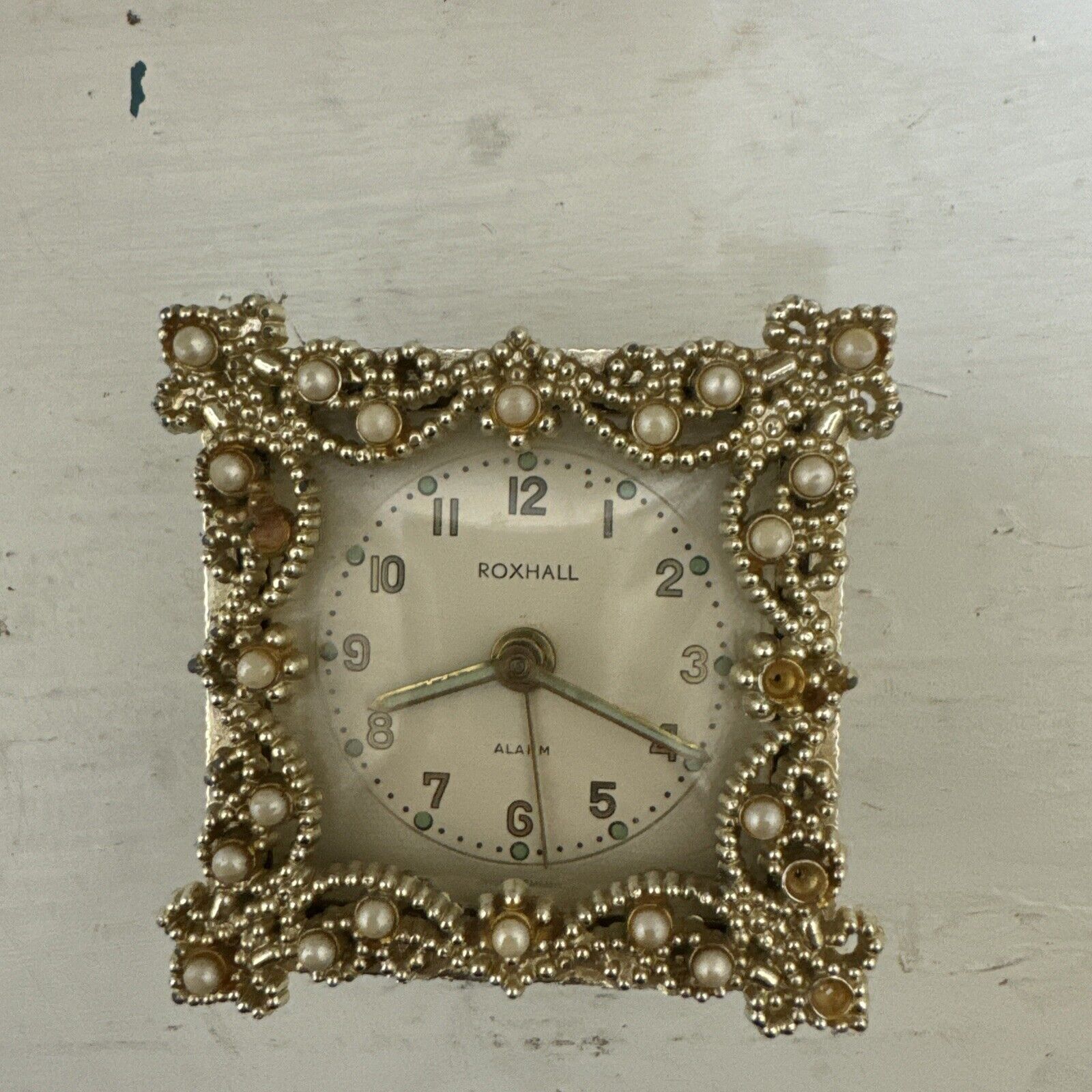 Vintage Rhinestone Jeweled Gem & Gold tone Roxhall Alarm Clock