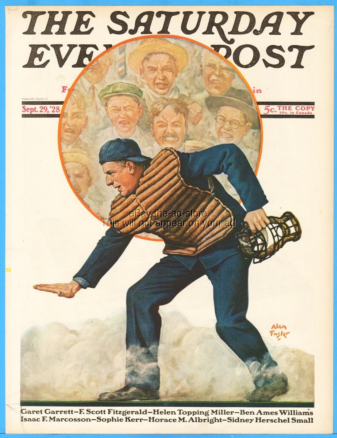 1928 Saturday Evening Post Alan Foster Art Umpire Baseball Safe Front Cover ONLY