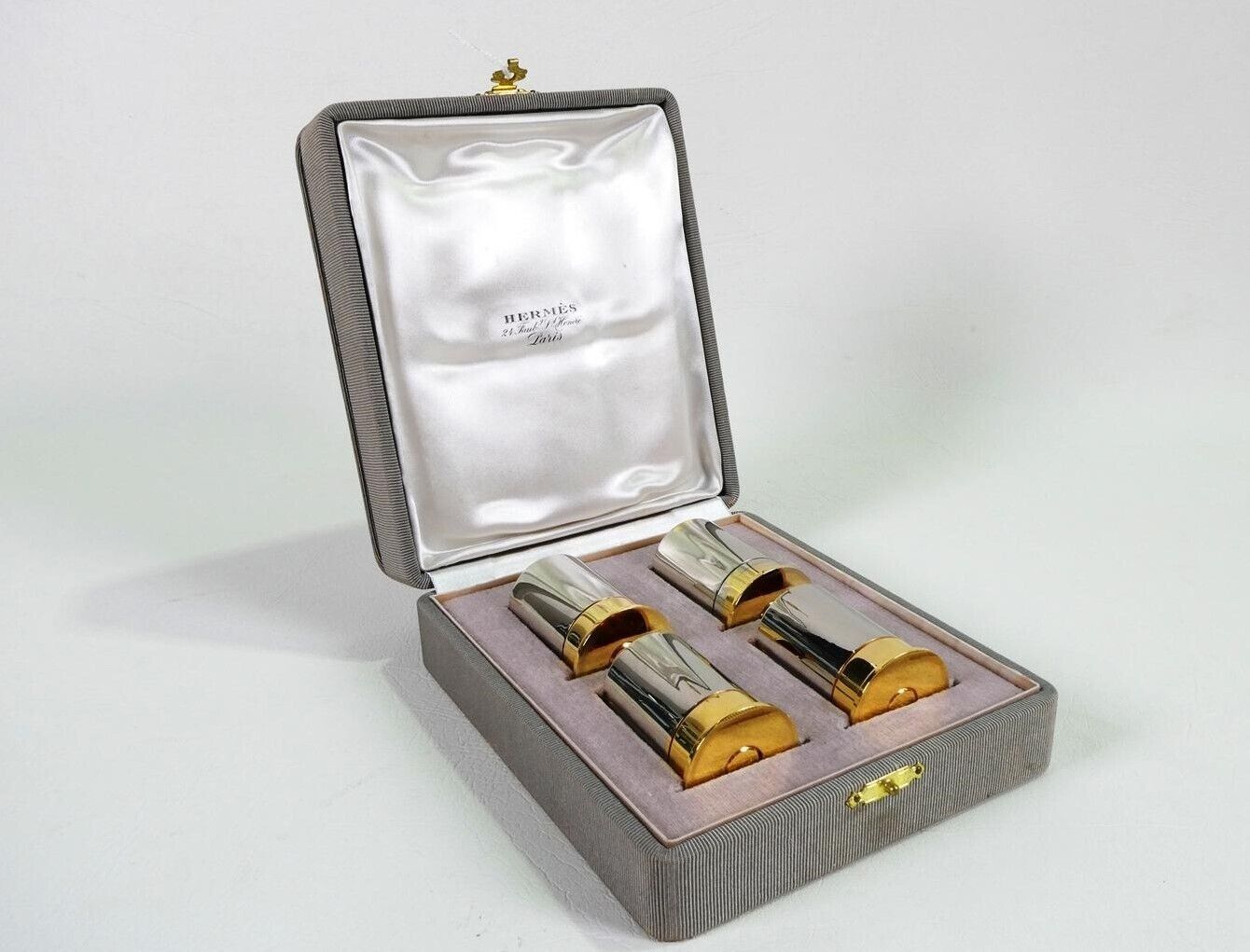 Hermes Paris set of 4  brass shotgun shell pen holders 1980s original box RARE