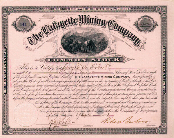 Garret A. Hobart - Lafayette Mining Co. - Stock Certificate - Autographed Stocks
