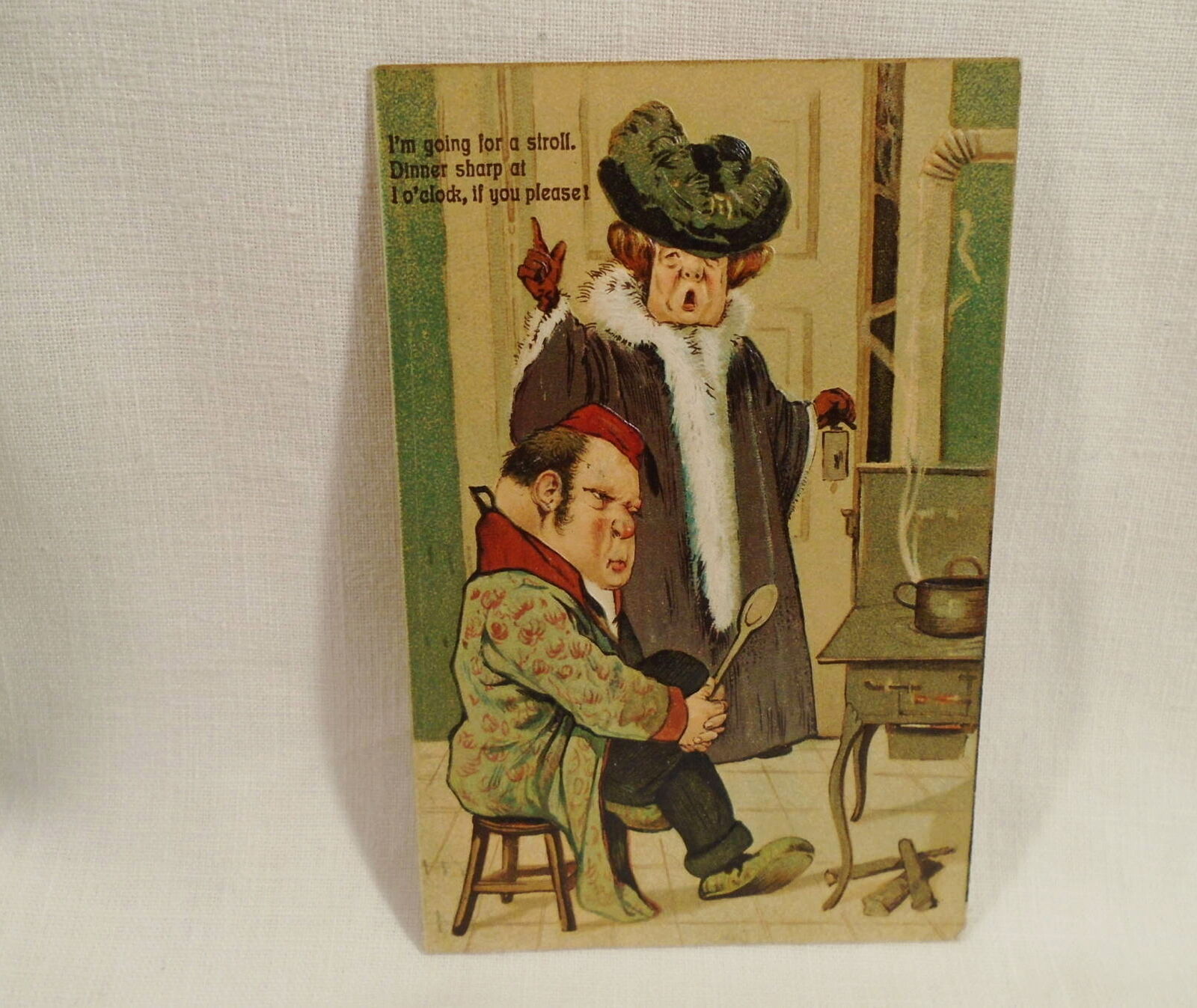 Old Wife Henpecking Husband Humorous Embossed Antique Postcard 1907 .