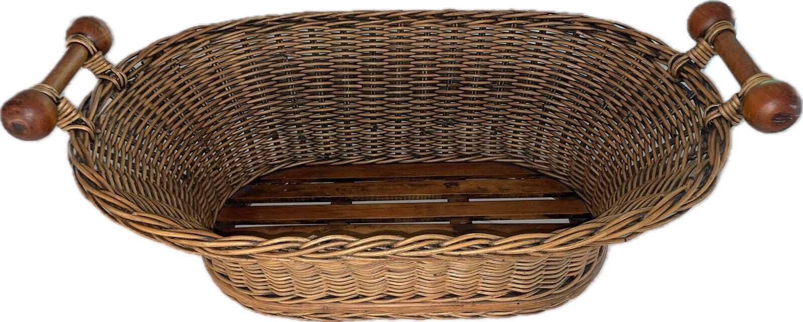 Vintage Farmhouse European Rustic Rattan Basket Wood Handles & Bottom -Laundry