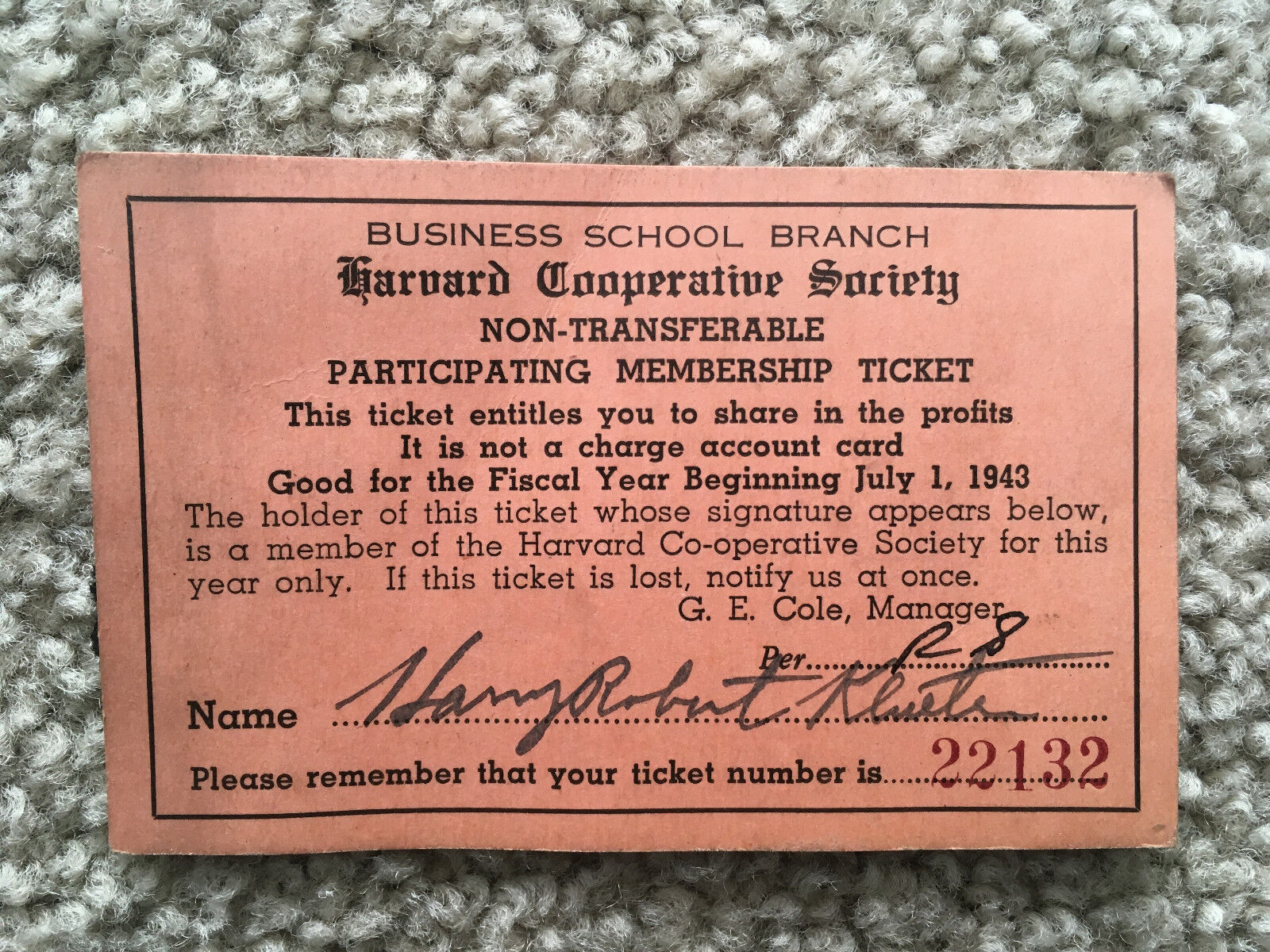 Harvard Cooperative CARD Society BUSINESS SCHOOL Membership Ticket 1943