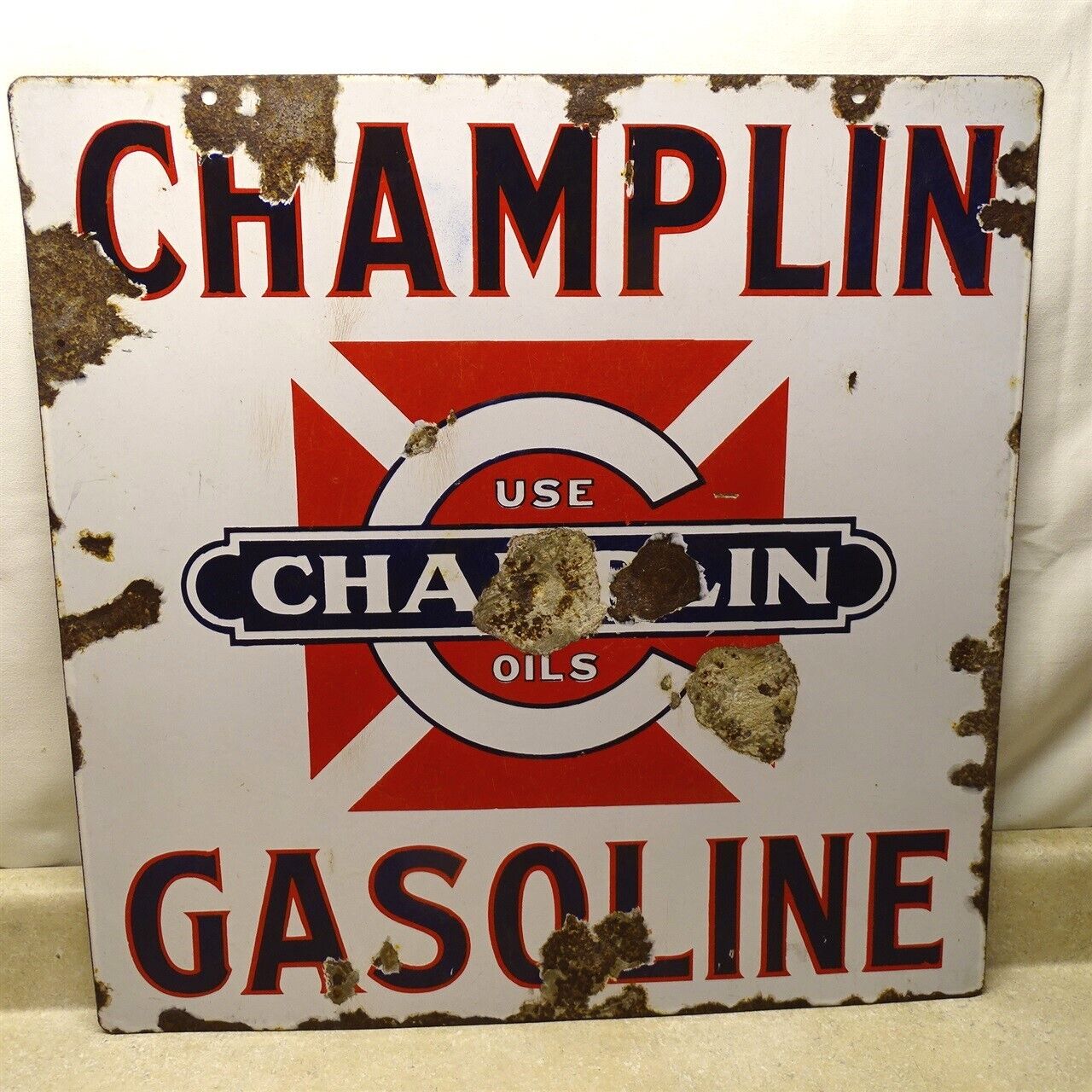  Vintage Use Champlin Oils Gasoline Porcelain Over Metal Sign, 24