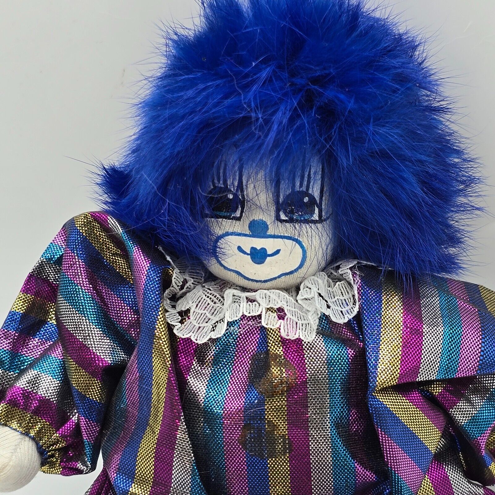 Q Tee Clown Shelf Sitter Hand Painted Hand Made Blue Hair Striped Outfit Vtg