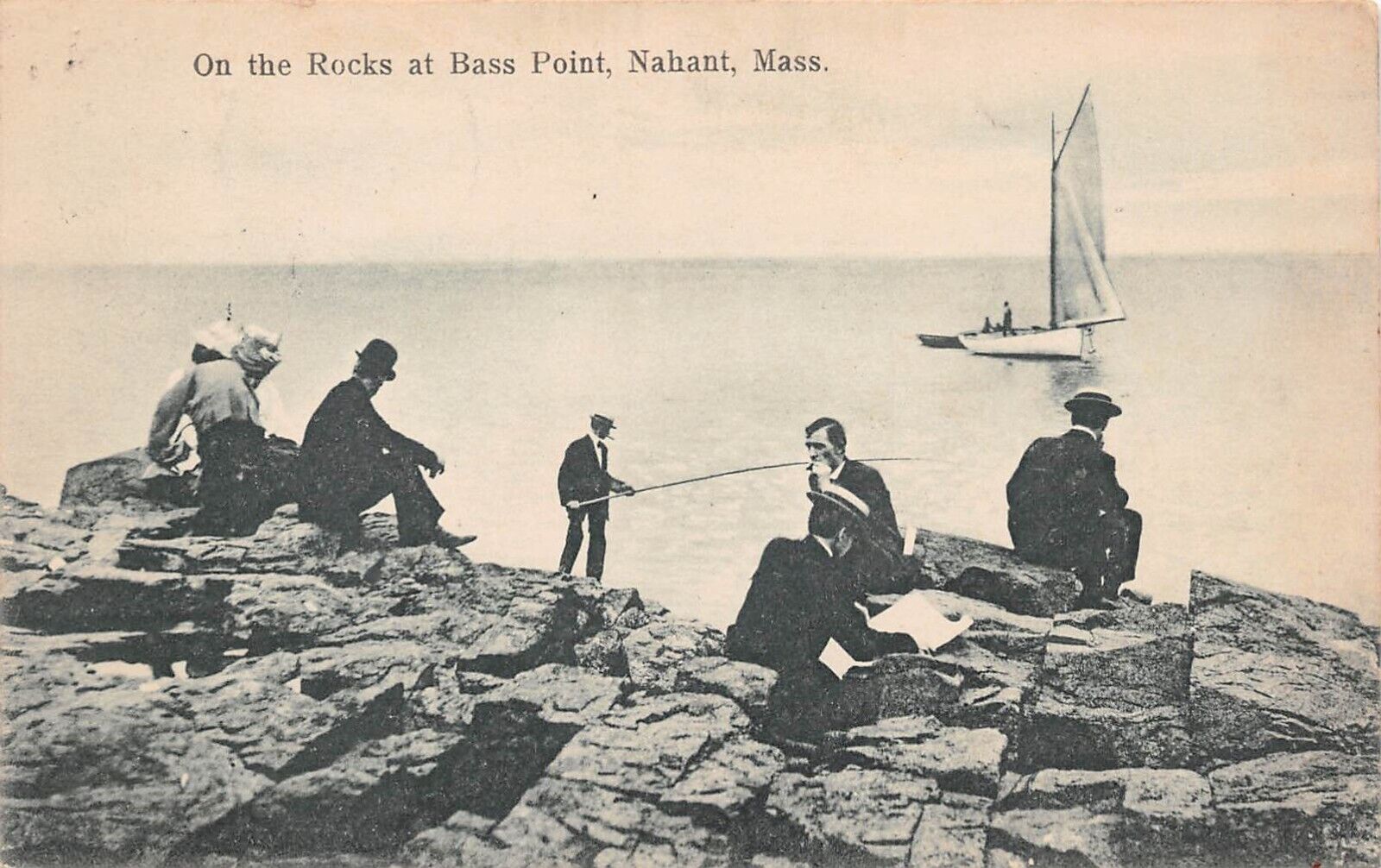 Nahant MA Massachusetts 40 Forty Steps Beach Bass Castle Rock Vtg Postcard B65