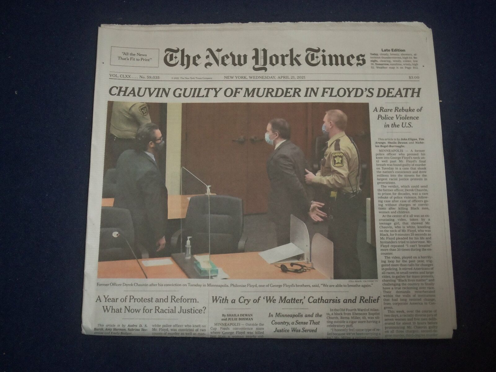 2021 APRIL 21 NEW YORK TIMES - CHAUVIN GUILTY OF MURDER IN GEORGE FLOYD\'S DEATH