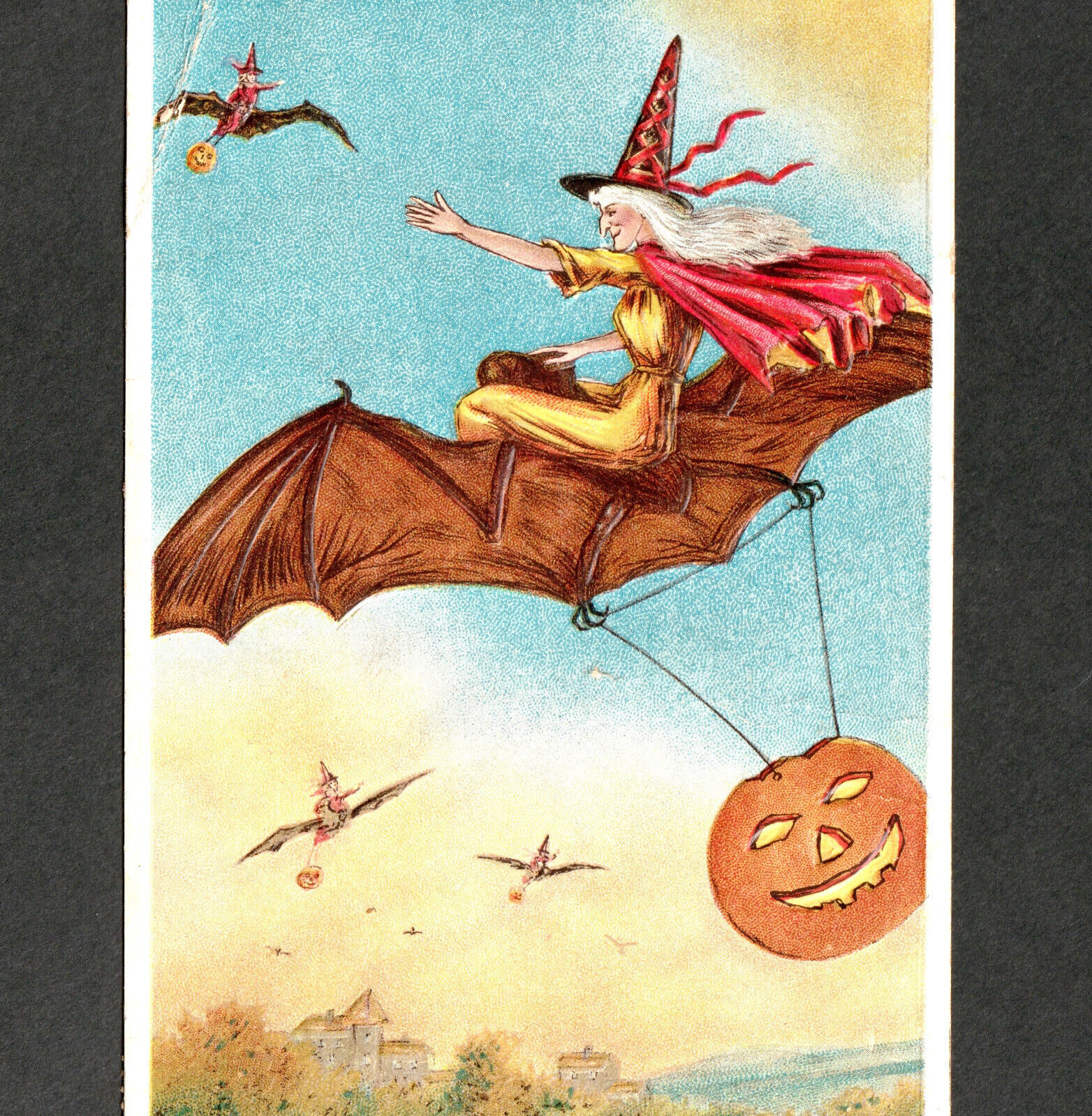 8x Witches Fly High On Halloween Bats 1910 NY JOL Anglo-American 876 /2 PostCard