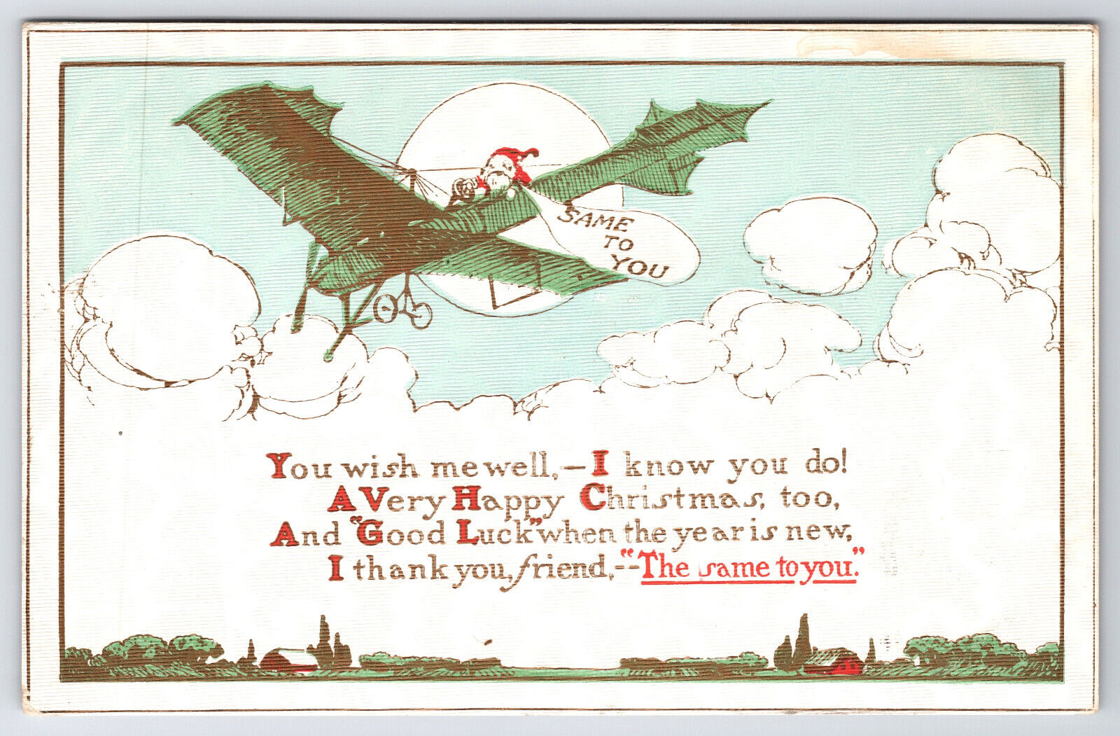 Postcard Santa Flying a Plane Wishing a Happy Christmas Posted Dec. 23, 1912