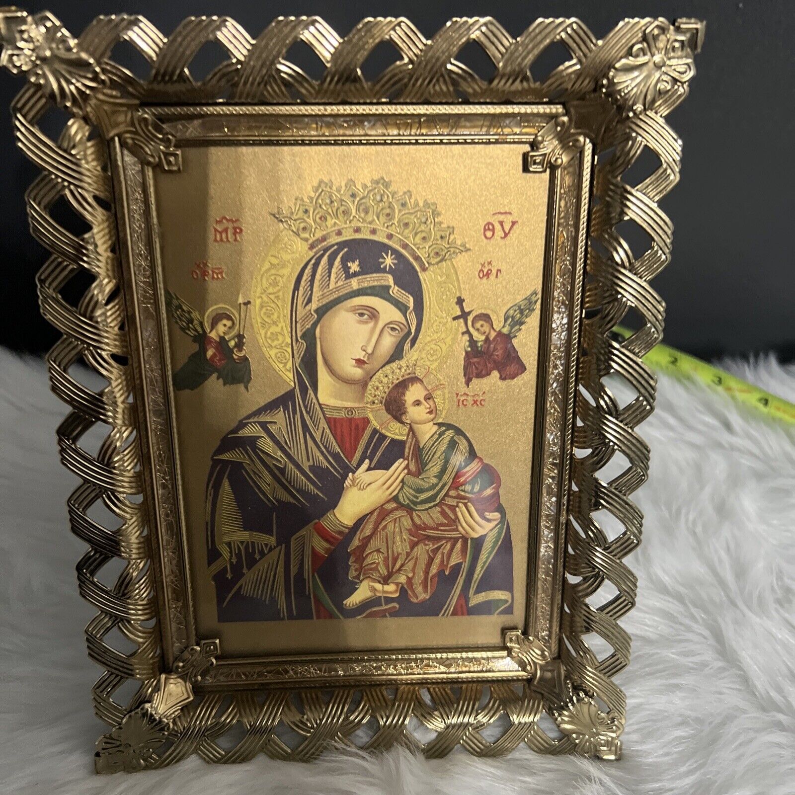 Vintage Our Lady Of Perpetual Help Gold Metal Frame Virgin Mary Religious Pic